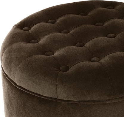 Homepop Home Decor | Upholstered Round Velvet Tufted Foot Rest Ottoman | Ottoman with Storage for Living Room & Bedroom | Decorative Home Furniture, Brown Velvet
