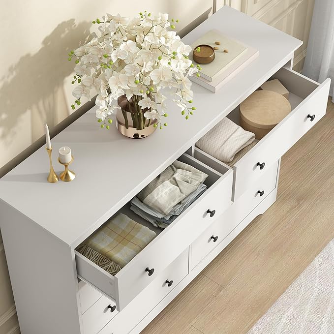 White Dresser for Bedroom, 8 Drawer Dresser with Large Drawers, 55 Inch Wide Wood Chest for Living Room, Hallway