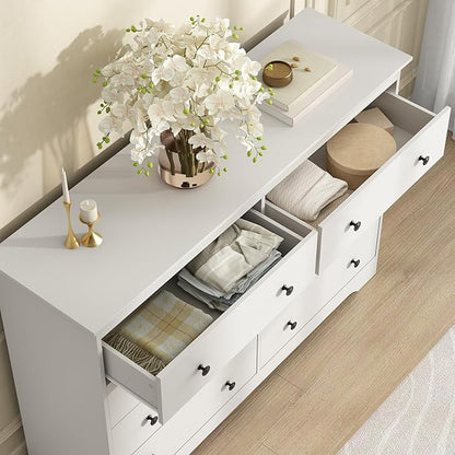White Dresser for Bedroom, 8 Drawer Dresser with Large Drawers, 55 Inch Wide Wood Chest for Living Room, Hallway