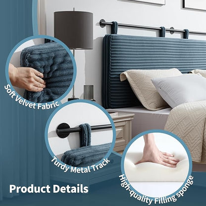 UEV King Headboard Only, Wall Mounted Hanging Upholstered Bed Head Board, Modern Vertical Channel Design of Fine Flannel, Elegant Blue Fluted Headboard for Bedroom (Lake Blue, King Size)