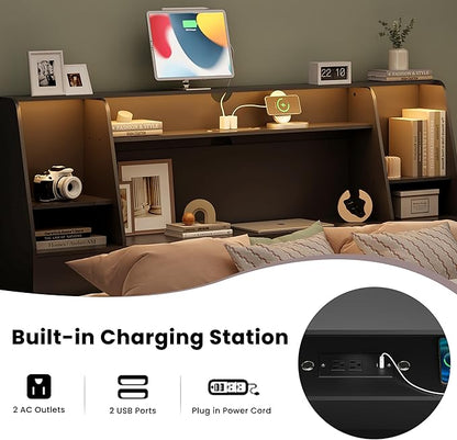 Queen/Full Headboard Queen Size with Storage, Wood Bookcase Headboard with Charging Station & 2 LED Lights, Modern Headboard Only for Queen Size Bed, Noise-Free, Sturdy and Durable, Black