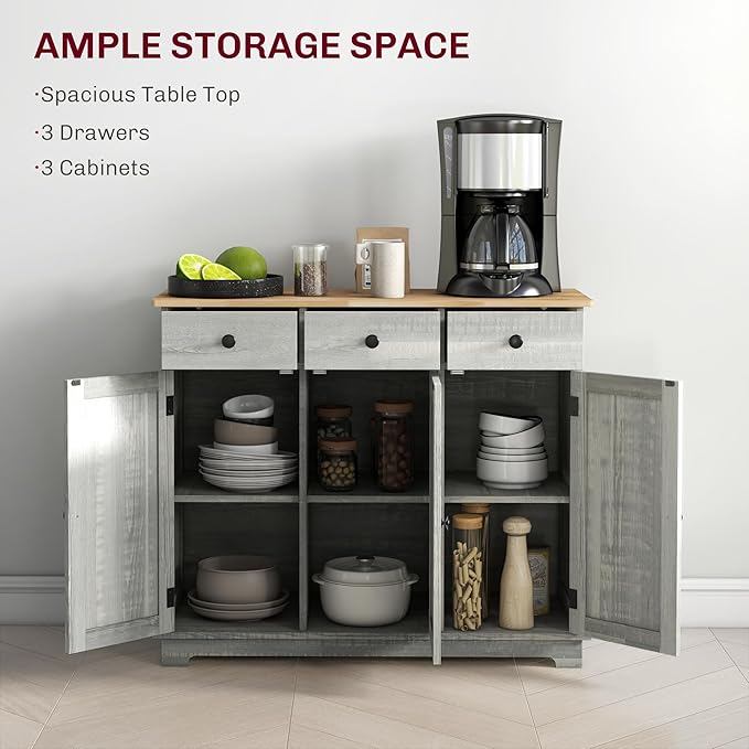 HOMCOM Sideboard with Solid Wood Countertop, Modern Kitchen Storage Cabinet, Coffee Bar Cabinet with 3 Drawers, Doors and Adjustable Shelf, Distressed Light Gray