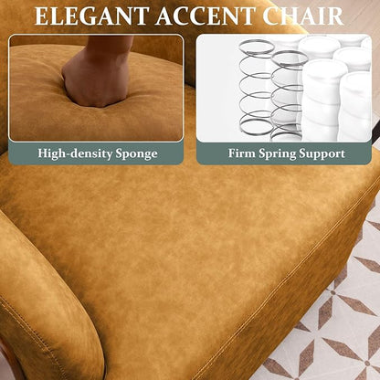 Swivel Accent Chair Faux Leather Swivel Barrel Chair Comfortable Mid Century Modern Chair Upholstered Metal Base Armchair for Living Room Bedroom Office Large Vintage Yellow