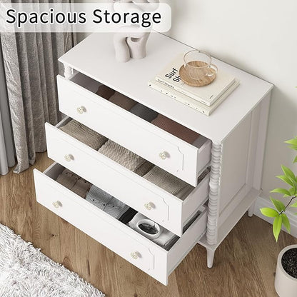 3 Drawer Dresser, 32 inch Wide Dresser for Bedroom, Modern Wood Chest of Drawers, Turned Legs Nightstand with 3 Drawers for Dorms, Hallway, Entryway (White)