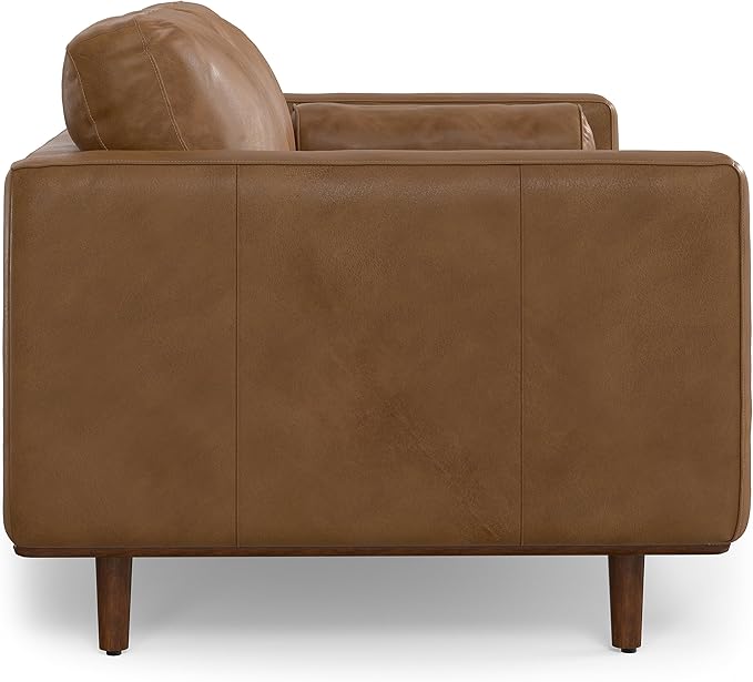 SIMPLIHOME Morrison 72-inch Wide Sofa in Caramel Brown Top Grain Genuine Leather, Mid-Century Modern-Style Loveseat for Living Room, Single Bench Cushion, Removable Back Cushions, 2 Bolster Pillows