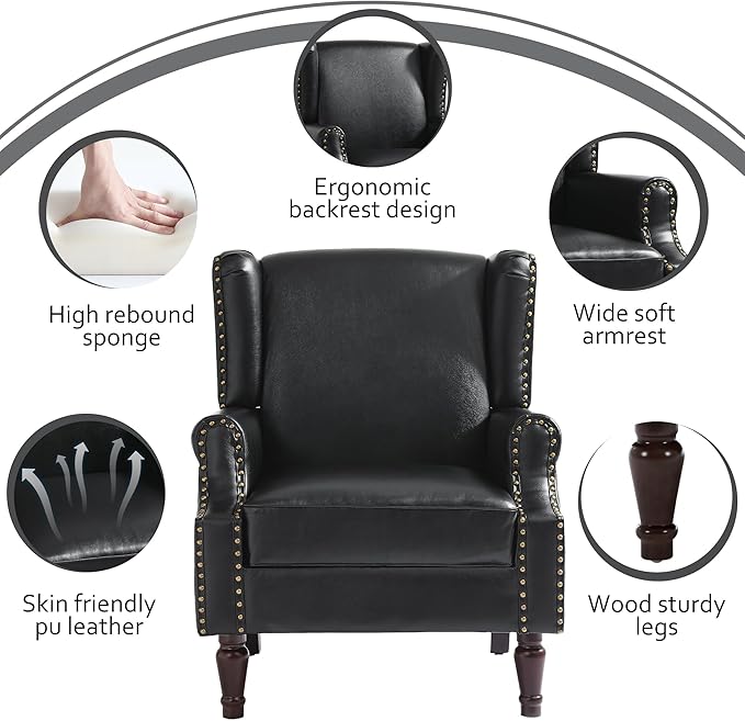 Lumibee Accent Chair, Faux Leather High Back Armchair or Living Room, Comfy Upholstered Single Sofa Reading Chair with Solid Wood Legs for Office, Bedroom, Waiting Room-Black