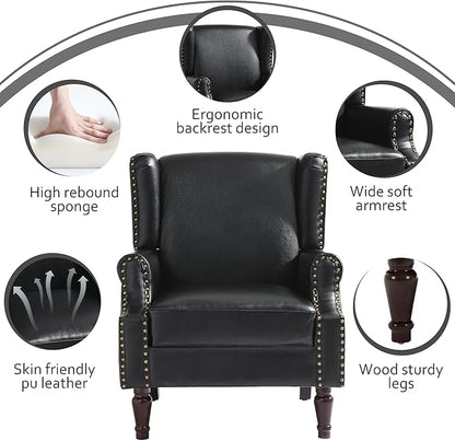 Lumibee Accent Chair, Faux Leather High Back Armchair or Living Room, Comfy Upholstered Single Sofa Reading Chair with Solid Wood Legs for Office, Bedroom, Waiting Room-Black
