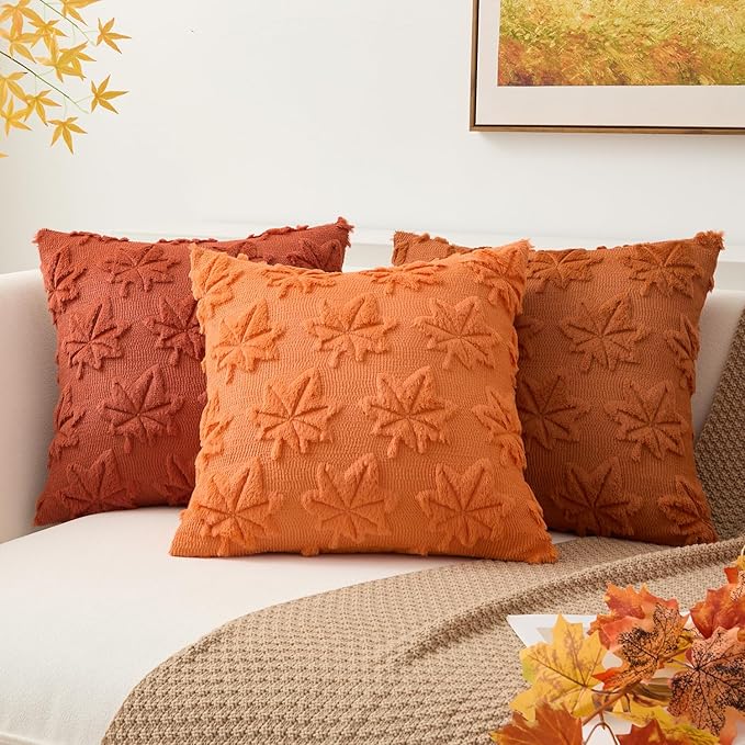 Kevin Textile Maple Leaf Pillow Covers 18x18 Inch Set of 2 Fallen Leaves Embroidery Decor Soft Plush Faux Fur Throw Pillows Pillowcases for Holiday Harvest Decor Sofa Couch Bedroom, Cream White