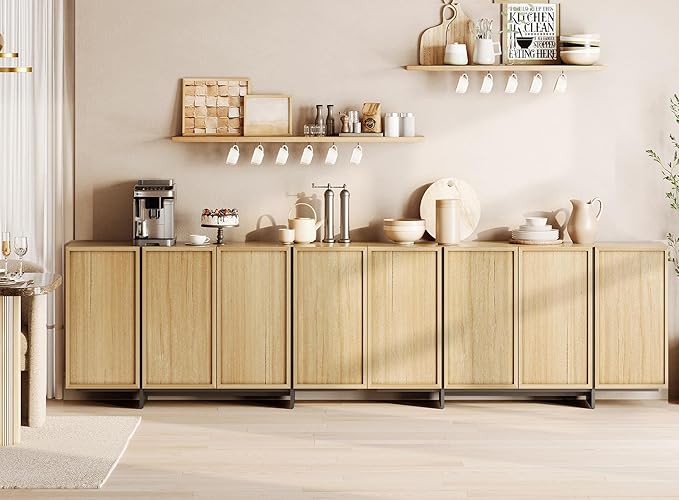 WAMPAT Modern Sideboard Buffet with 8 Doors, Multifunctional Sideboard with Large Storage and T-Shaped Legs, Coffee Bar Cabinet Storage for Kitchen, Living Room, Oak
