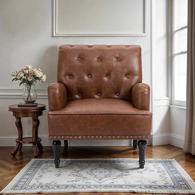 MOJAY Faux Leather Accent Chair, Mid-Century Armchair Living Room Sofa Chair with Rubber Wood Leg, Club Chair with Rivet Trim for Bedroom Reading Room Reception (Brown)