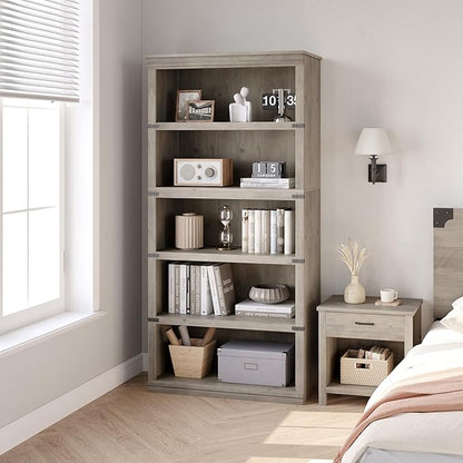 IDEALHOUSE 5 Tier Bookcase, Farmhouse Book Shelf with Storage Open Display Bookshelves, 67.4" Tall Book Case Wooden 5 Shelf Bookcase Home Decor Furniture for Home Office, Living Room, Bed Room - Grey