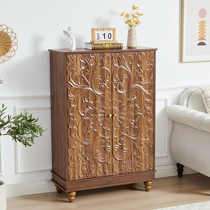 Sideboard Buffet Cabinet with Storage, Kitchen Storage Cabinet with Adjustable Shelves and 2 Doors, Vintage Accent Table for Living Room, Hallway (Walnut)