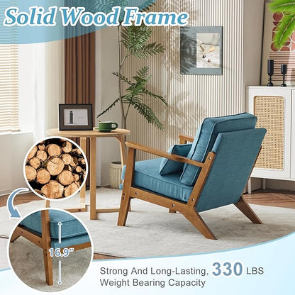 VINGLI Solid Wood Wide Armrests Accent Chair Set of 2,Upholstered Mid Century Modern Chair with Pillow,Comfy Reading Chair,Chairs Living Room,Bedroom,Guest Room,Linen Fabric,Navy Blue