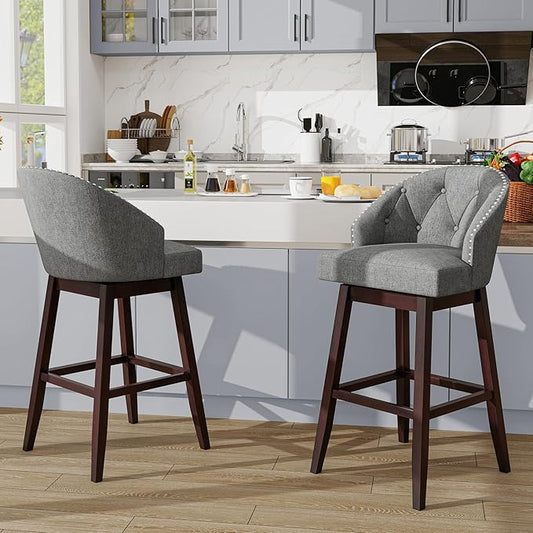COSTWAY Bar Stools Set of 2, 31’’ Swivel Bar Stools with Rubber Wood Legs & Padded Back, Breathable Linen Fabric, Stylish Tufted Design & Rivet Decoration, Adjustable Foot Pads (2, Grey + Brown)