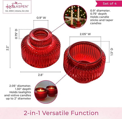 Kate Aspen Red Ribbed Taper Candle Holders for Candlesticks Set of 4 - Christmas Decor, Holiday Candle Holders, Red Candlesticks & Votive Candle Holder for Christmas Table Centerpieces