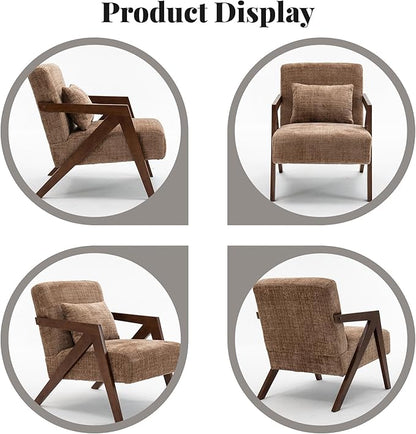Mid-Century Modern Accent Chair with Solid Wood Frame，Upholstered Chenille Living Room Arm Chairs with Pillow for Bedroom, Living Room, Reading Room, Balcony, Brown
