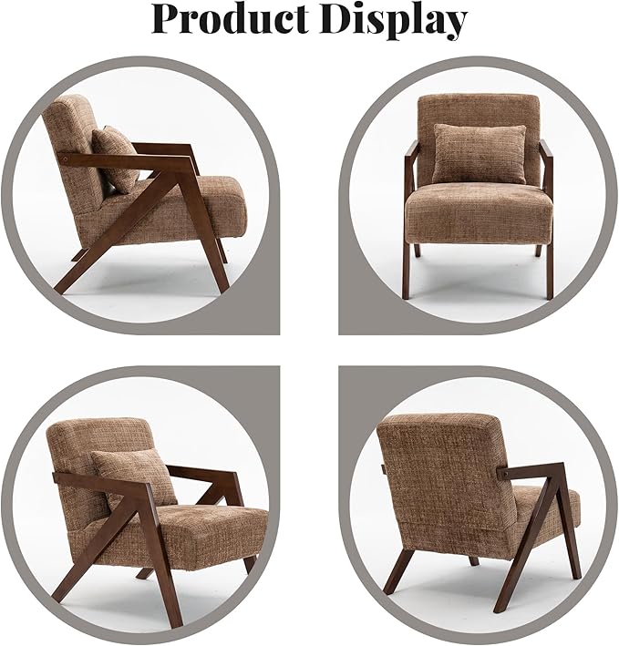 Mid-Century Modern Accent Chair Set of 2 with Solid Wood Frame，Upholstered Chenille Living Room Arm Chairs with Pillow for Bedroom, Living Room, Reading Room, Balcony, Brown