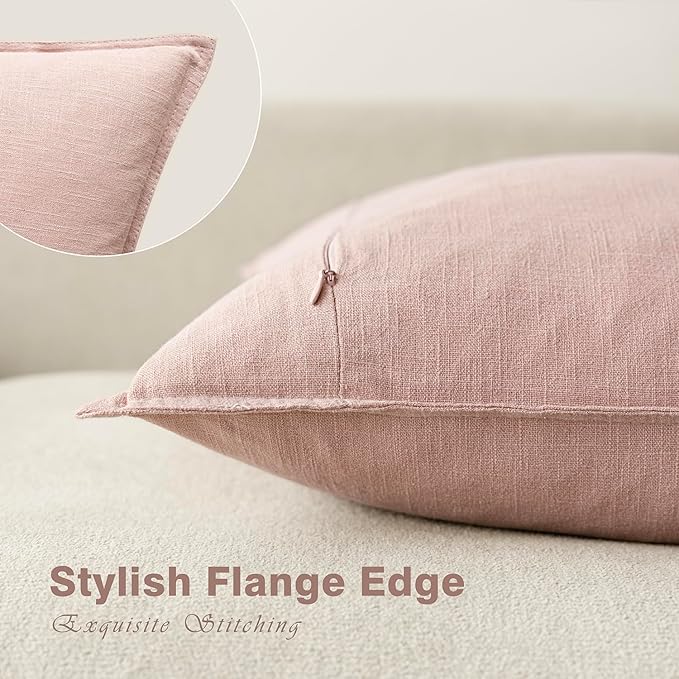 Foindtower Pack of 2, Decorative Linen Solid Throw Pillow Covers Soft Accent Cushion Case Boho Farmhouse Pillowcase for Bed Chair Couch Sofa Bedroom Living Room Home Decor 24 x 24 Inch Light Pink