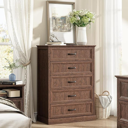 CARPETNAL Farmhouse 5 Drawers Dresser for Bedroom, 44" Tall Brown Dresser Wood Rustic Chest of Drawers with Wide Metal Handle,Natural Texture,Drawer Organizer for Bedroom,Living Room,Hallway