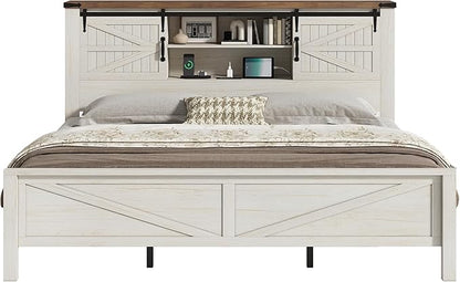 AMERLIFE Farmhouse King Bed Frame, Rustic Wood Platform Bed w/Barn Door Storage Bookcase Headboard & Charging Station, Bedroom Furniture, No Box Spring Needed, Antique White
