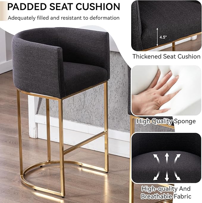 Contemporary Charcoal Linen Bar Stool, 32" Upholstered Fabric Counter Height Barstool Kitchen Counter Island Stool with Golden Metal Base