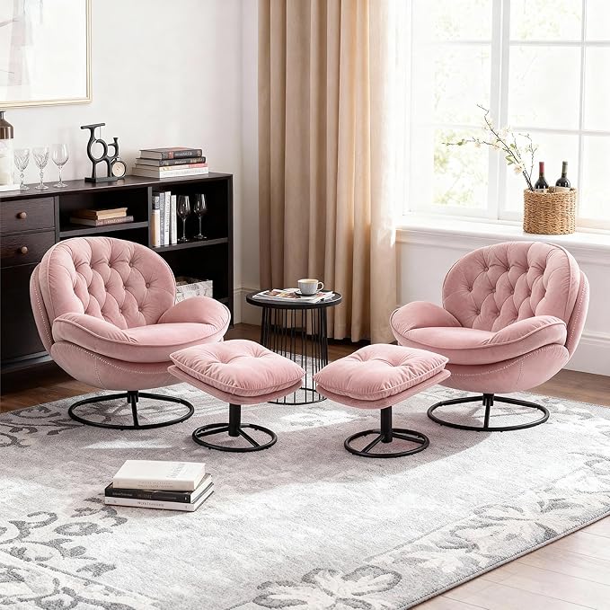 Set of 2 360° Swivel Modern Velvet Accent Chair with Ottoman | Mid-Century Button Tufted Lounge Chair for Living Room & Bedroom, Pink