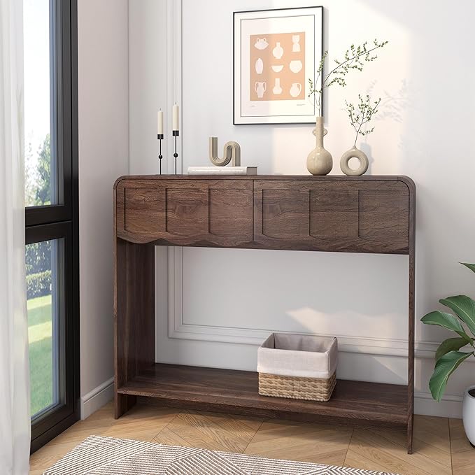 Console Table with 2 Drawers, Mid-Century Modern 42" Entryway Table with Open Storage Shelves, Sofa Table Behind Couch for Living Room, Hallway, Walnut