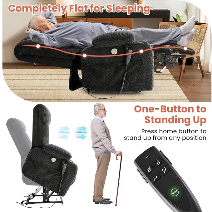 Power Lift Recliner Chair for Adults Oversized Infinite Position Lift Chair for Elderly W/Massage & Heat, Lay Flat Recliner Chair, One-Touch Reset, Cup Holders, Lumbar Pillow, Fabric (Premium, Grey)