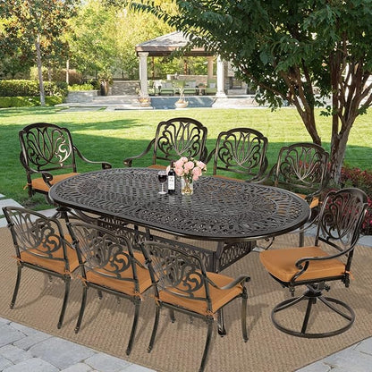 MEETWARM 9-Piece Outdoor Patio Dining Set, All-Weather Cast Aluminum Patio Conversation Set with 2 Swivel Rocker Chairs, 6 Stationary, 1 Oval Table, 8 Cushions, 2" Umbrella Hole