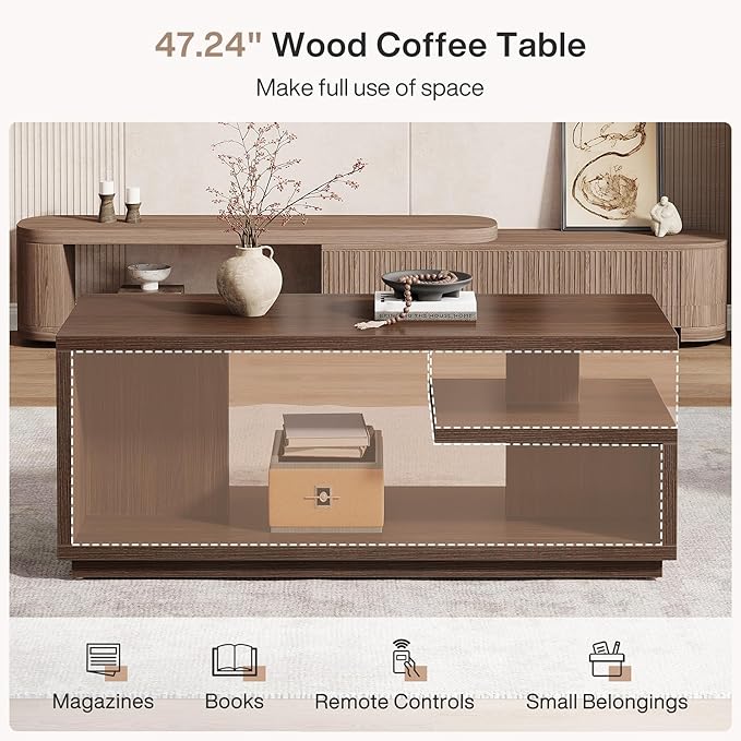 Tribesigns 47.24" Coffee Table with Storage Shelf, Mid-Century Modern Center Table, 3-Tier Rectangle Wooden Tea Table with Thick Base for Living Room, Walnut