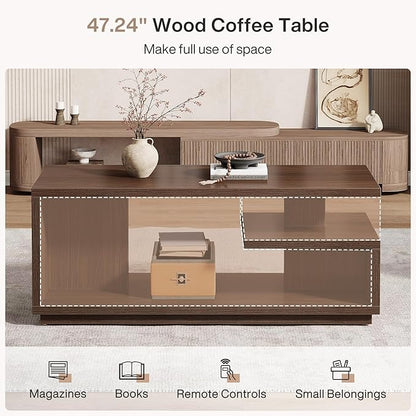 Tribesigns 47.24" Coffee Table with Storage Shelf, Mid-Century Modern Center Table, 3-Tier Rectangle Wooden Tea Table with Thick Base for Living Room, Walnut