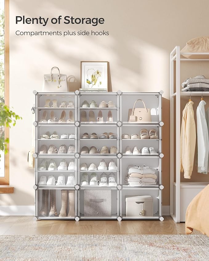 SONGMICS Shoe Rack Organizer, 12-Tier Shoe Storage Cabinet for Closet and Entryway, Holds 48 Pairs of Shoes, Adjustable, Cloud White and Trasparent ULPC040W01