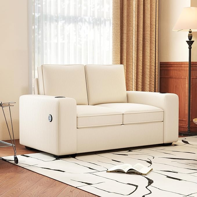 Furnimart 4-Seater Sectional Sofa and Couch Set Corduroy, Loveseat & 2PC Chairs with USB Charger and Cup Holder, Small Living Room Furniture Set for Apartment, Tiny Homes and Lofts, 3PC-Beige