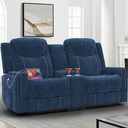 Loveseat Recliner Sofa, Manual Reclining Loveseat Sofa with Storage Console, Cup Holders, USB Ports, Modern Luxury Large Navy Blue Linen Recliner Couch for Living Room/RV