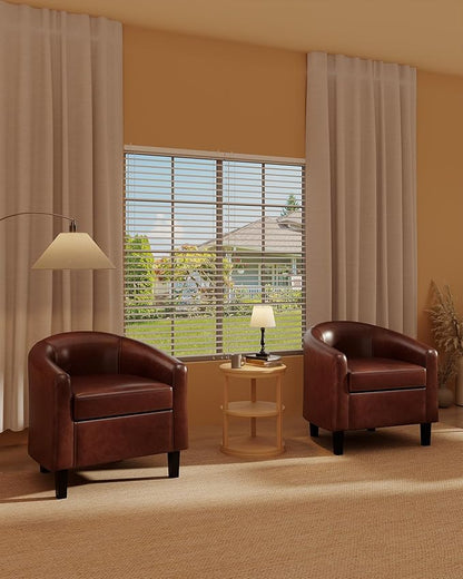 GarveeHome Accent Chairs Faux Leather Barrel Chairs Club Armchairs with Soft Seat for Living Room Bedroom Reading Waiting Room(Brown)