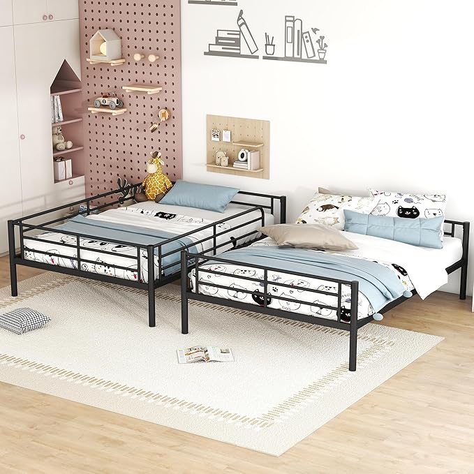 Merax Full Over Full Metal Bunk Bed with Ladder and high Guardrail, Able to Split, Storage Space, No Box Spring Needed, Noise Free, Black