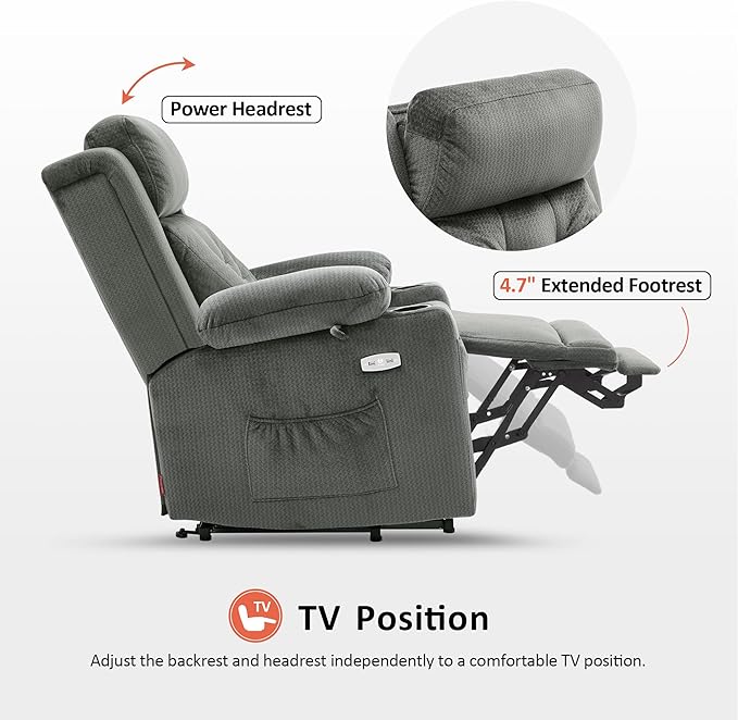 MCombo Medium Triple Motor Power Lift Recliner Chair with Massage and Heat for Elderly People, Adjustable Headrest, Infinite Position, USB Ports, Fabric 7661 (Grey, Medium)