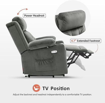 MCombo Medium Triple Motor Power Lift Recliner Chair with Massage and Heat for Elderly People, Adjustable Headrest, Infinite Position, USB Ports, Fabric 7661 (Grey, Medium)