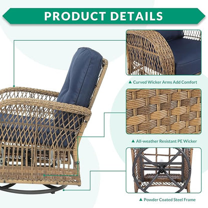 VIVIJASON 5-Piece Outdoor Patio Wicker Conversation Sets, All Weather Outdoor Rattan Furniture Set Includes Glider Loveseat, 2 Coffee Table, 2 Swivel-Gliders Chairs with Cushions, Navy Blue