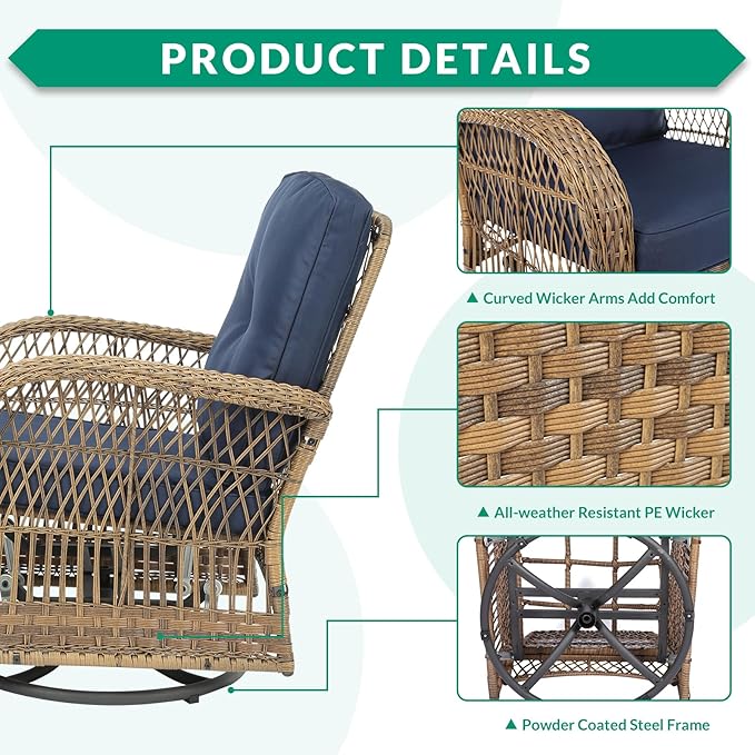 VIVIJASON 7-Piece Outdoor Patio Wicker Conversation Sets, All Weather Outdoor Rattan Furniture Set Includes Glider Loveseat, 2 Glider Rocker Chairs, 2 Swivel-Gliders Chairs, 2 Coffee Table, Navy Blue