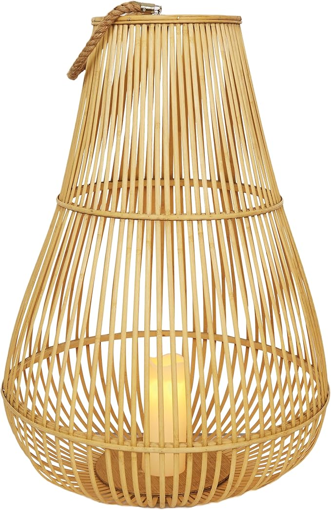 Alpine Corporation IWY108HH-L Outdoor Bamboo Lantern with LED Candle, Brown Finish for Patio and Garden Decor, 33" Tall