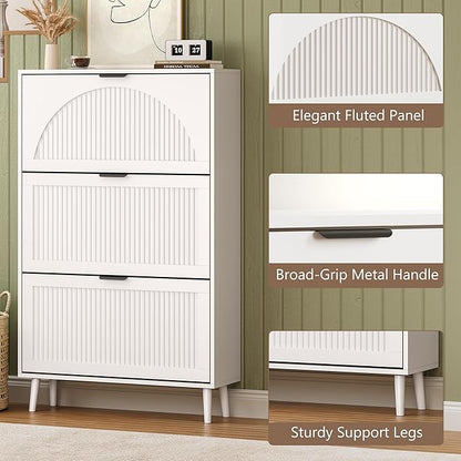 Shoe Cabinet for Entryway with 3 Flip Drawers, Slim Wooden Shoe Storage Organizer with Modern Fluted Pannel，Freestanding Narrow Hidden Shoe Rack for Hallway, Foyer, Living Room