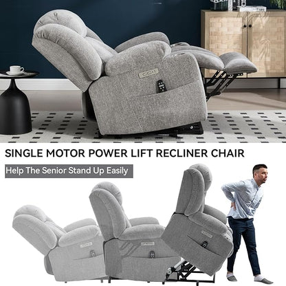 Power Lift Recliner Chair, USB/Type-C Ports & Cup Holders, Heavy Duty Chenille Recliner for Elderly, Light Grey