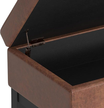 SIMPLIHOME Oregon 42 inch Wide Transitional Rectangle Storage Ottoman Bench with Tray in Distressed Saddle Brown Vegan Faux Leather, Assembled, For the Living Room, Entryway and Family Room