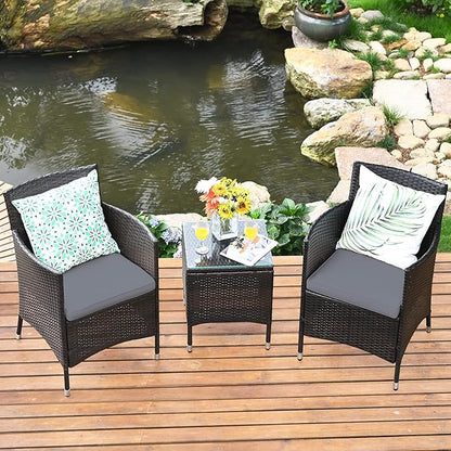 COSTWAY 3 PCS Patio Furniture Set, Outdoor Wicker Conversation Set with Tempered Glass Coffee Table, Seat Cushions, Rattan Wicker Chairs for Poolside Balcony Porch Backyard, Gray