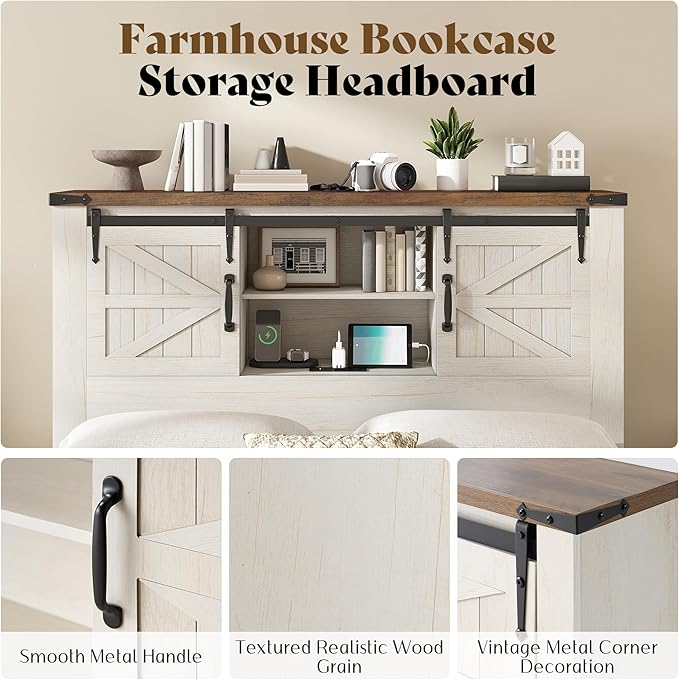 AMERLIFE Farmhouse Queen Bed Frame with Storage Headboard & Charging Station, Rustic Wood Platform Bed with Barn Door Bookcase, No Box Spring Needed, Antique White Bedroom Furniture