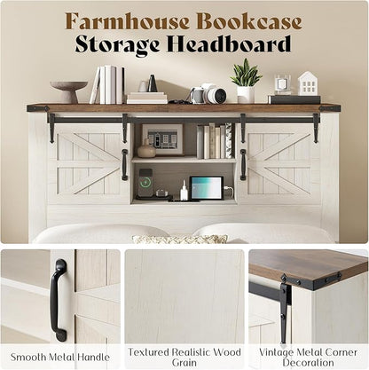AMERLIFE Farmhouse Queen Bed Frame with Storage Headboard & Charging Station, Rustic Wood Platform Bed with Barn Door Bookcase, No Box Spring Needed, Antique White Bedroom Furniture