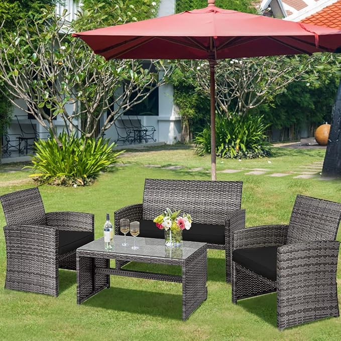 COSTWAY Patio Furniture Set 4 Pieces, Outdoor Wicker Chairs Sofa w/Coffee Table and Soft Cushions, Rattan Conversation Sets for Patio Lawn Backyard Yard Pool Garden, Black