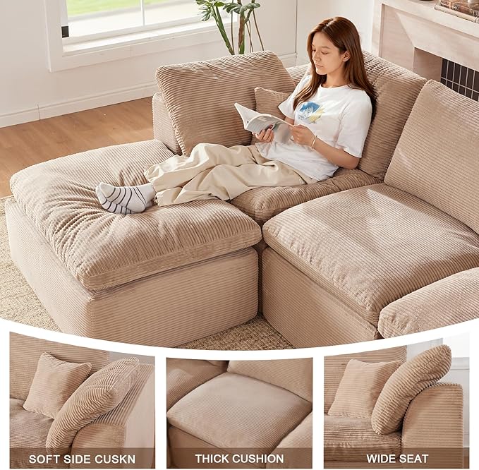 112" Cloud Sectional Couch, Boneless couches for Living Room, L Shaped Couch with Convertible Ottoman, Modular Sectional Sofa with Deep Seat, Comfy Soft Cushions, No Assembly, Camel