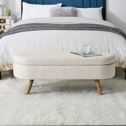 Storage Ottoman Bench 43" Ottoman Bench for Bedroom, Upholstered Boucle Fabric Footrest End of Bed with Safety Hinge Solid Wood Legs Foot Stool Storages Benches for Living Room Entryway, Beige